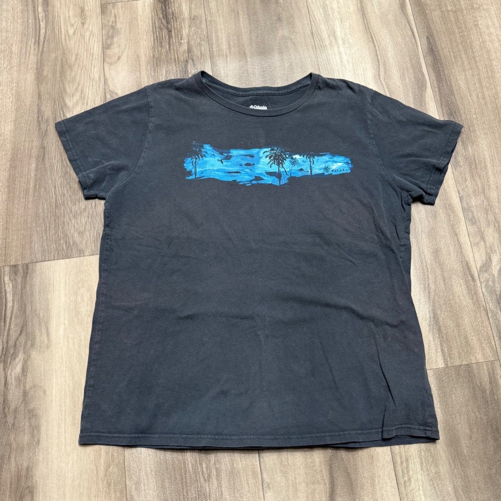 Columbia Sportswear Womens XL T-Shirt Blue Palm Tree Tropical Graphic Tee Gray